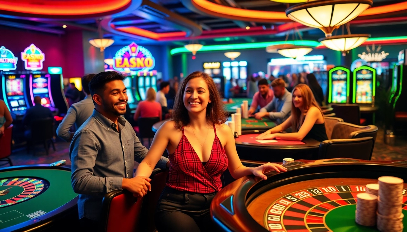 Players engaging at the PH222 casino with vibrant tables and slot machines, showcasing excitement and wins.