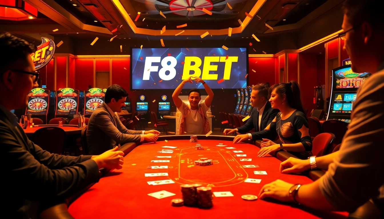 Players enjoying the excitement at F8 BET’s vibrant casino, celebrating wins amid glamorous games and iconic betting elements.