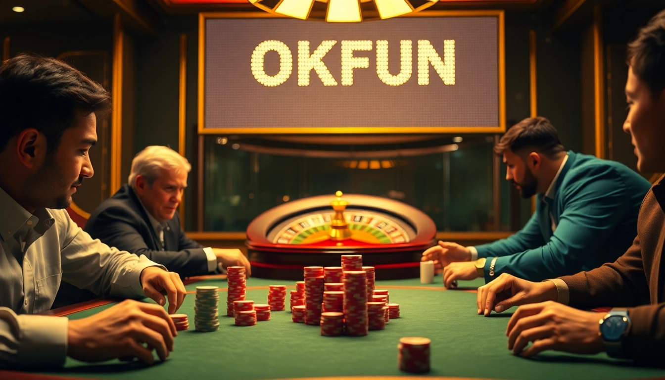 Scene featuring high-stakes poker players immersed in the thrill of the game at a casino displaying "OKFUN" in the background.