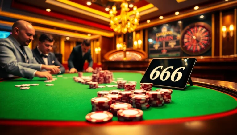 Experience high-stakes poker at a vibrant casino featuring s666 betting slips among colorful chips and cards.