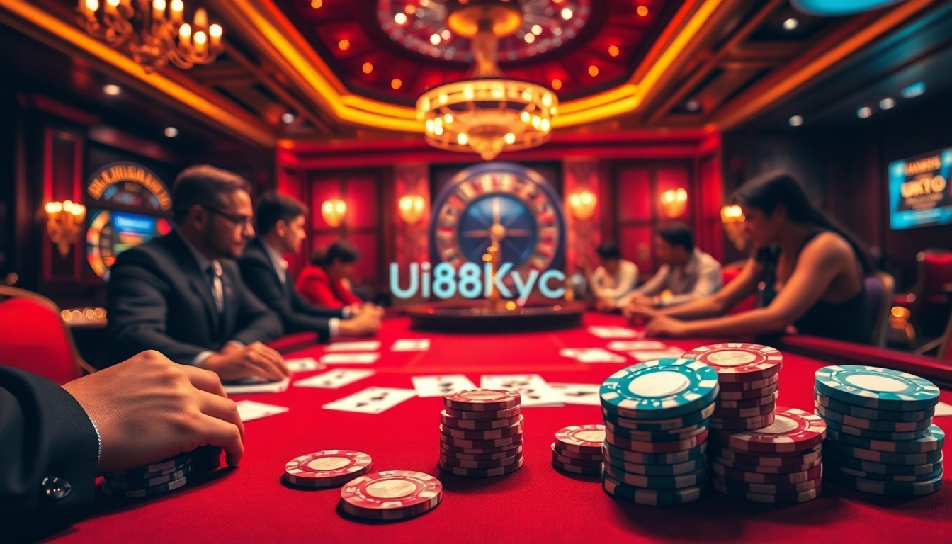 Experience the excitement of gambling at https://uu88kyc.com/ with a thrilling poker game under vibrant casino lights.