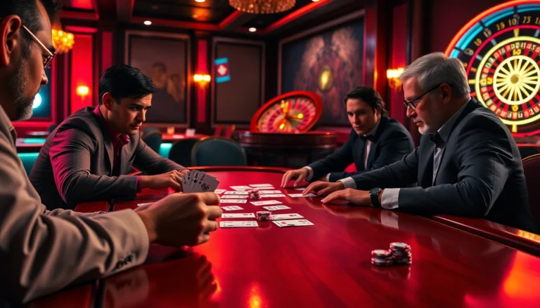 Experience the thrill of a 5MB poker game with intense players and vibrant casino elements highlighting excitement.