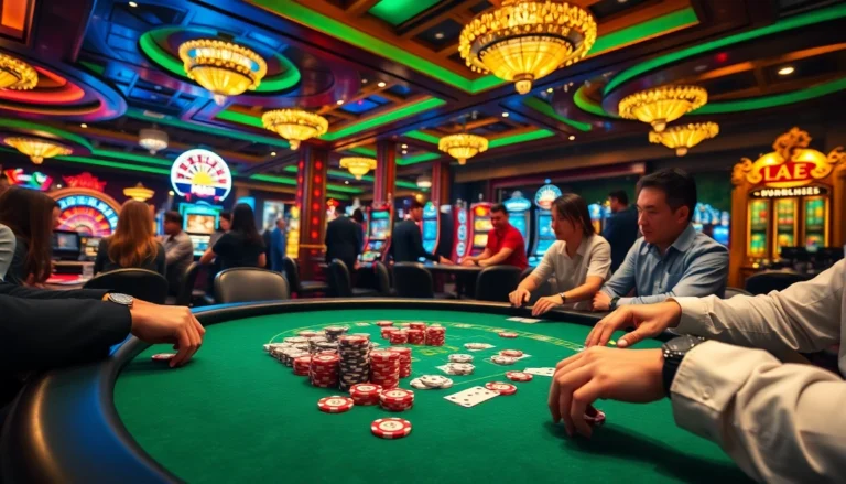 Experience the thrilling atmosphere of a casino scene with players enjoying poker and roulette at https://lc88.blog/.