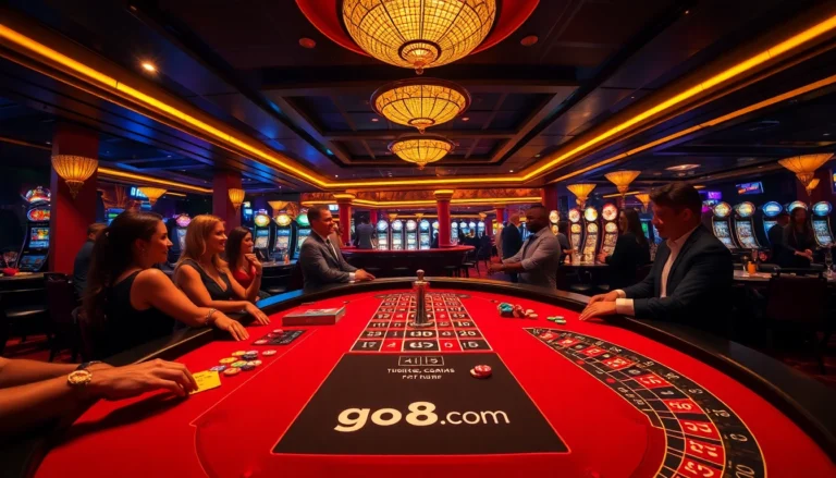 A thrilling gaming floor at a casino, showcasing lively players engaging at go8.com tables filled with chips and cards.