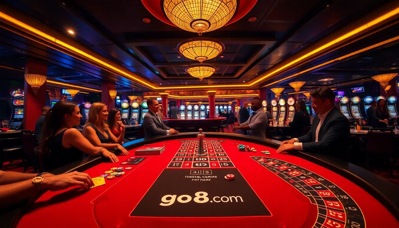 A thrilling gaming floor at a casino, showcasing lively players engaging at go8.com tables filled with chips and cards.