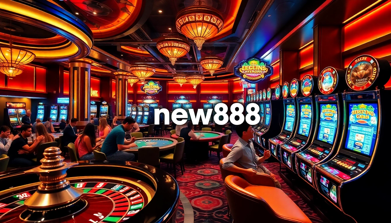 Experience the thrill of winning at new88 Casino with players enjoying poker and roulette in a luxurious setting.