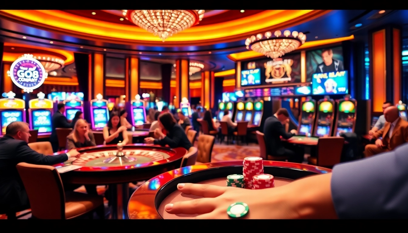 Experience elite gaming at go8.company with players enjoying roulette and slots in a luxurious casino atmosphere.