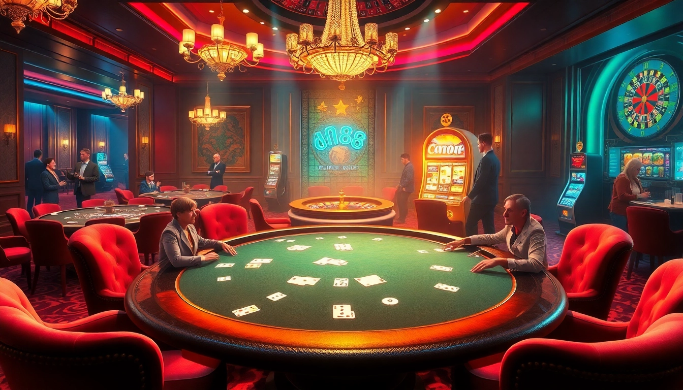 Engage in thrilling poker action at dn88 đăng nhập with vibrant chips and cards at an upscale casino table.