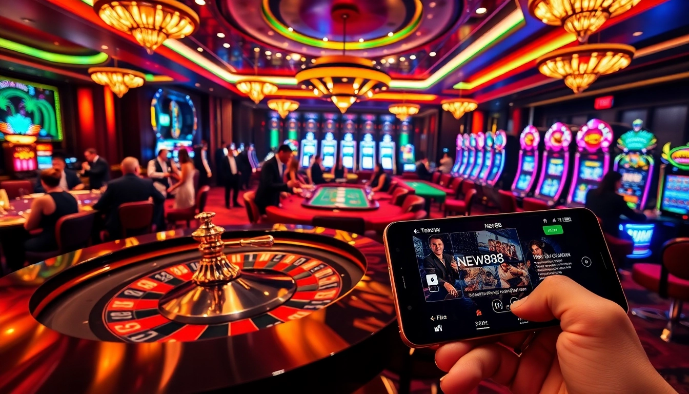 New88 players enjoying thrilling casino activities at poker and roulette tables in a vibrant casino setting.